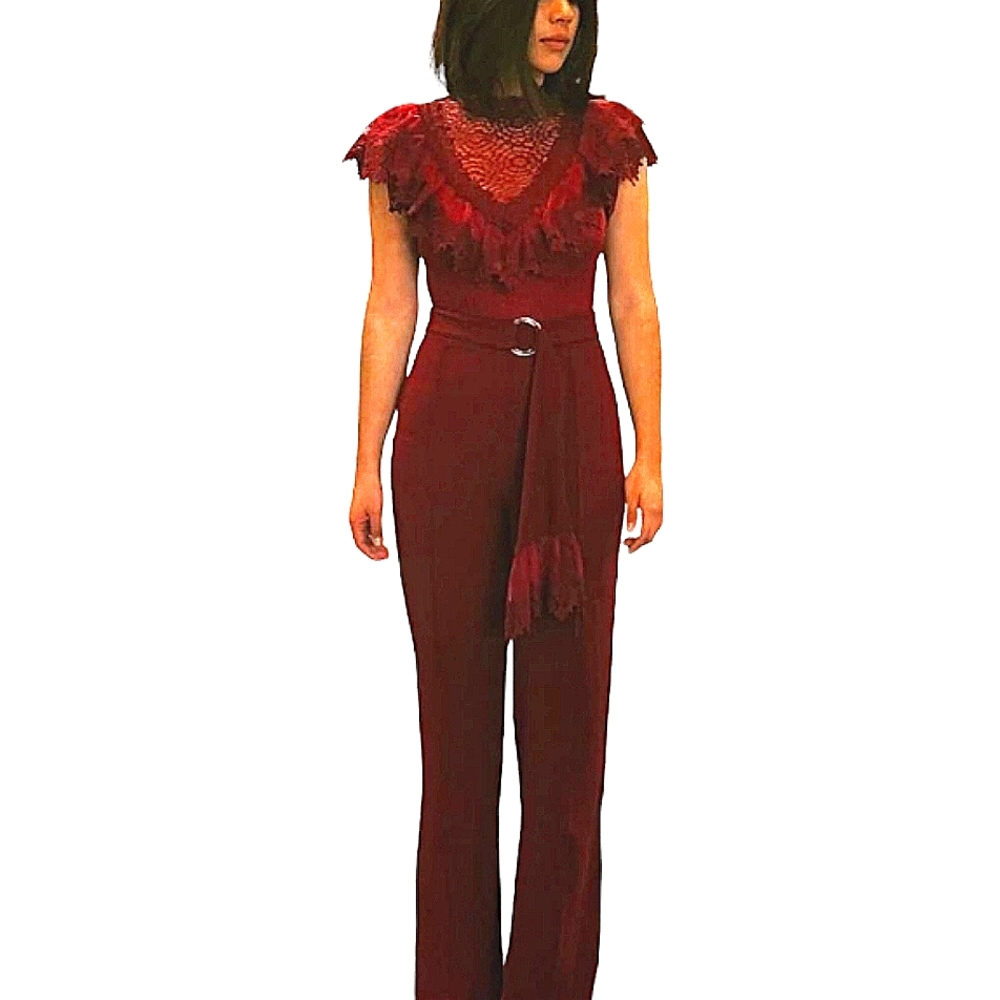 RARE NWOT Maroon Lace Ruffle Belted Jumpsuit